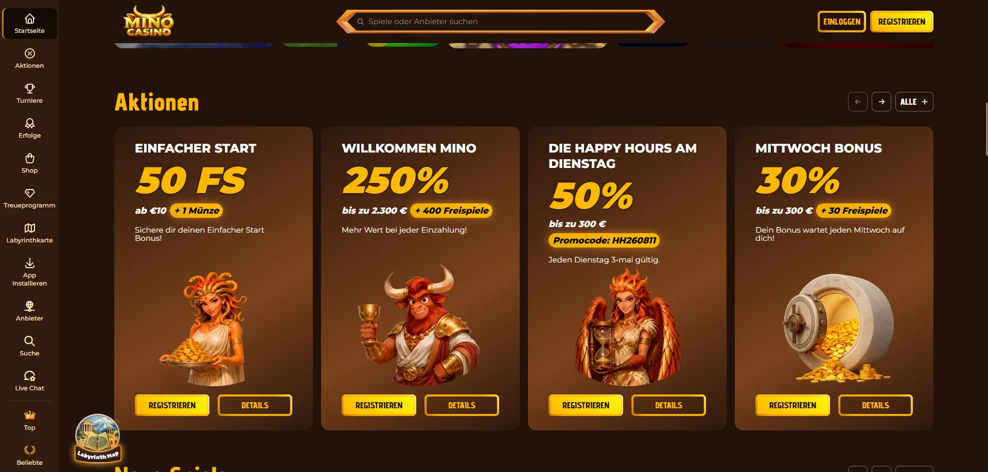 Mino Casino Willkommensbonus – 250% bis zu €3.000 und 350 Freispiele